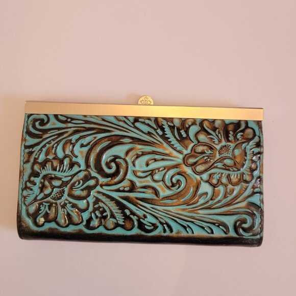 Patricia Nash Tooled Turquoise Leather Floral Embossed Wallet With Metal Clasp - Picture 1 of 11